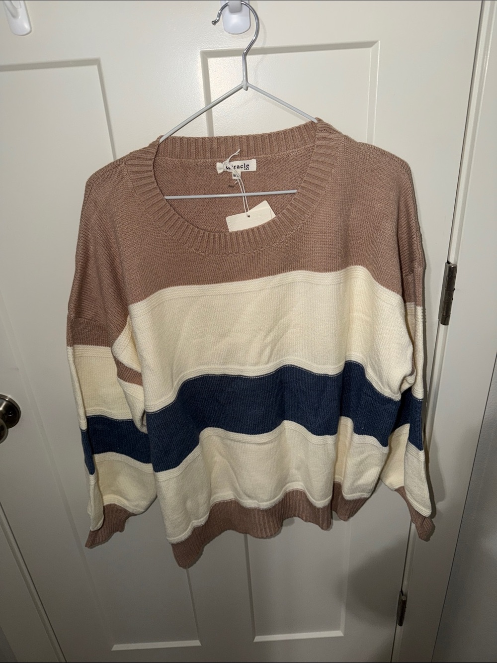 NWT Miracle Striped oversized Crewneck Sweater - Taupe, Cream & Navy. WI1